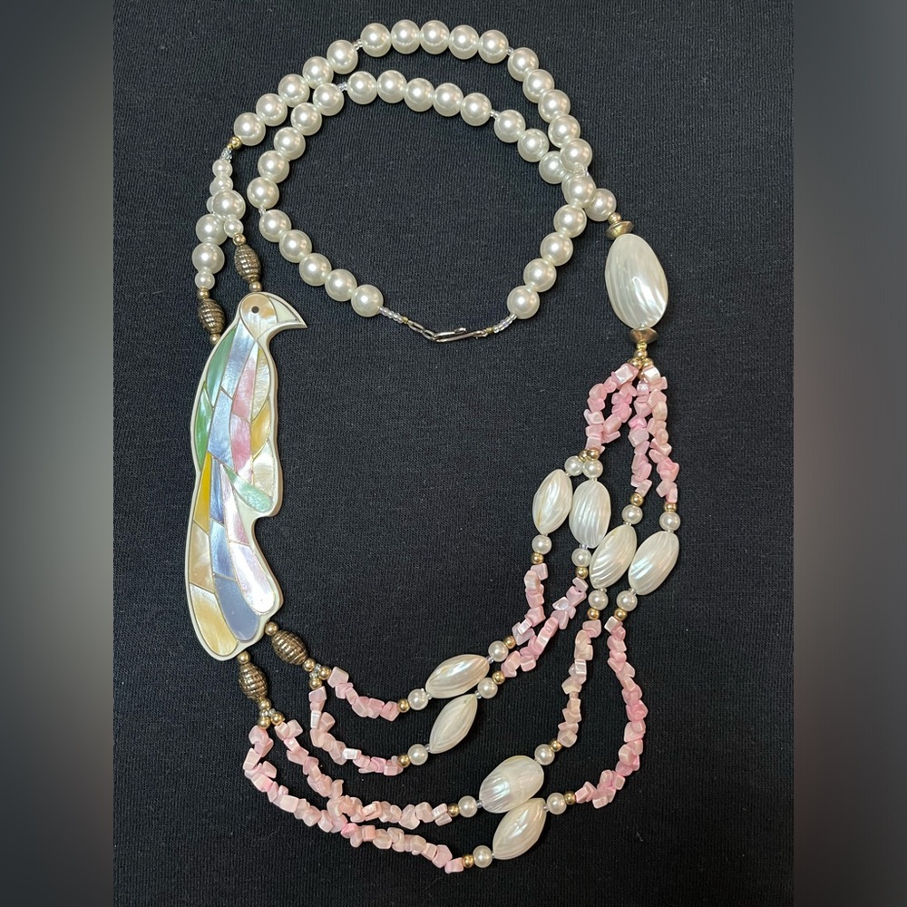 Vintage Lee Sands 70’s Peacock Shell beads Rose Quartz MOP Inlay Necklace